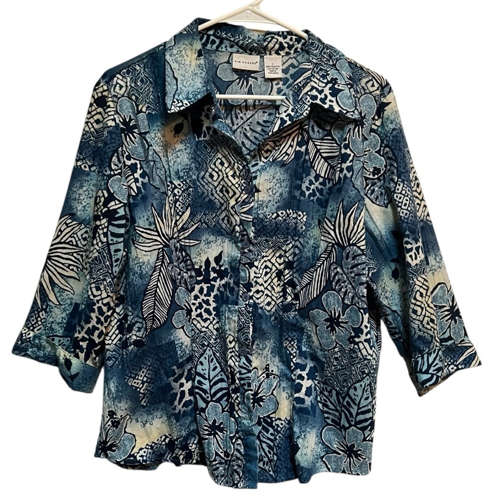 Kim Rogers Women's Size Large Button Down Blouse Blue White Hawaiian Floral 3/4‎